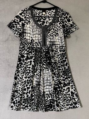 Y2K Lady Noiz Animal Print Dress Sz Small Embellished Neckline Black & White